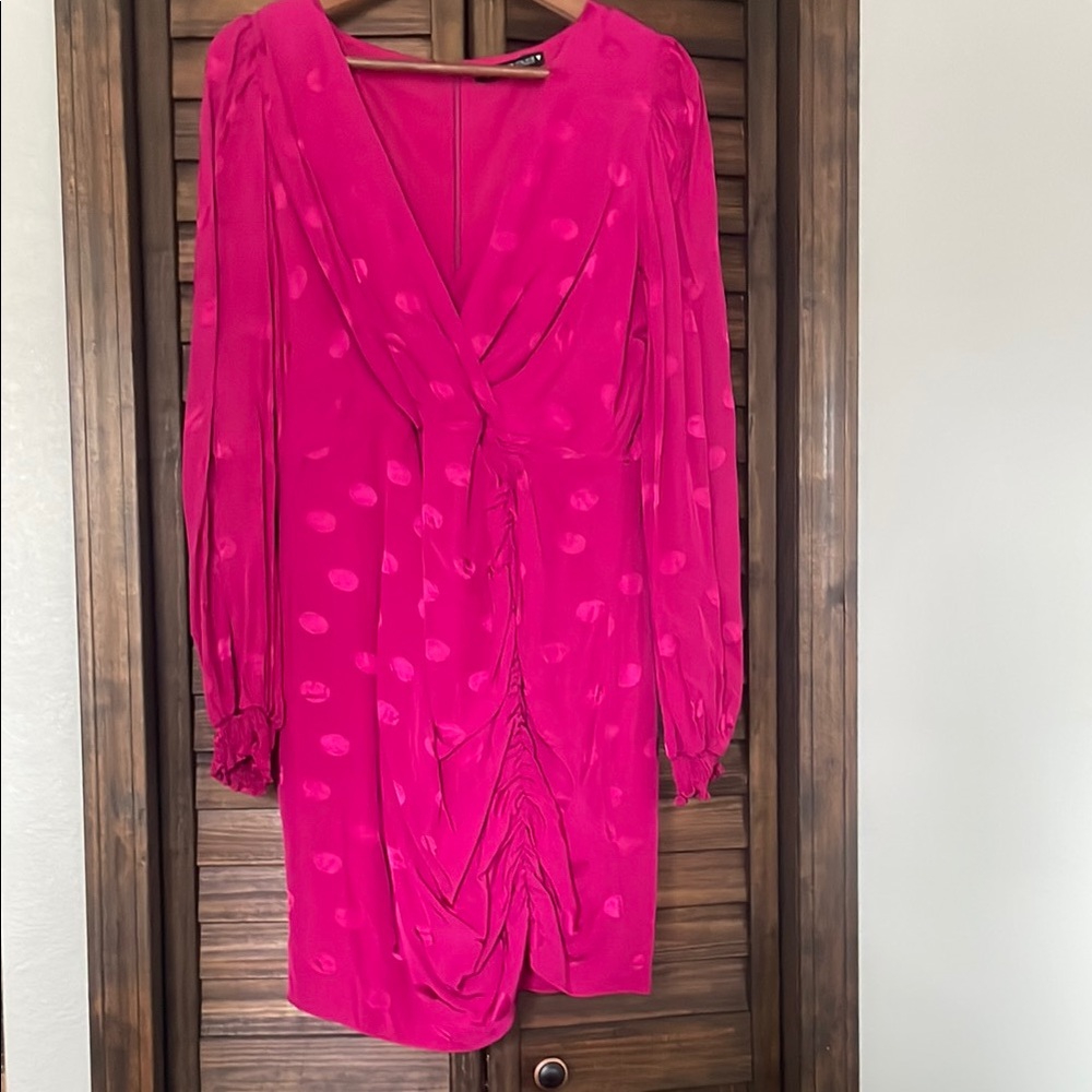 Zara Pink Bodycon Dress with Bishop Sleeves and Plunge Neckline